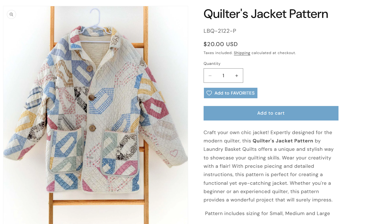 Modèle Veste "Quilter's Jacket" Edyta Sitar Laundry Basket Quilt
